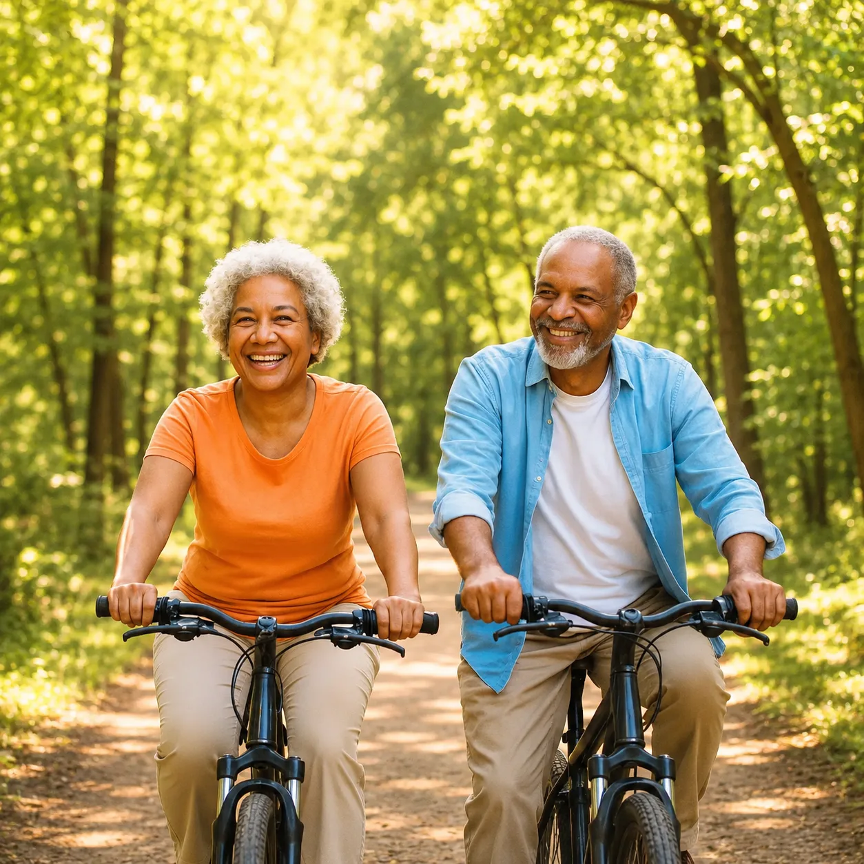 An active older couple riding bicycles outdoors