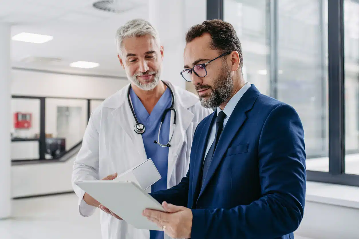 Healthcare providers reviewing information together