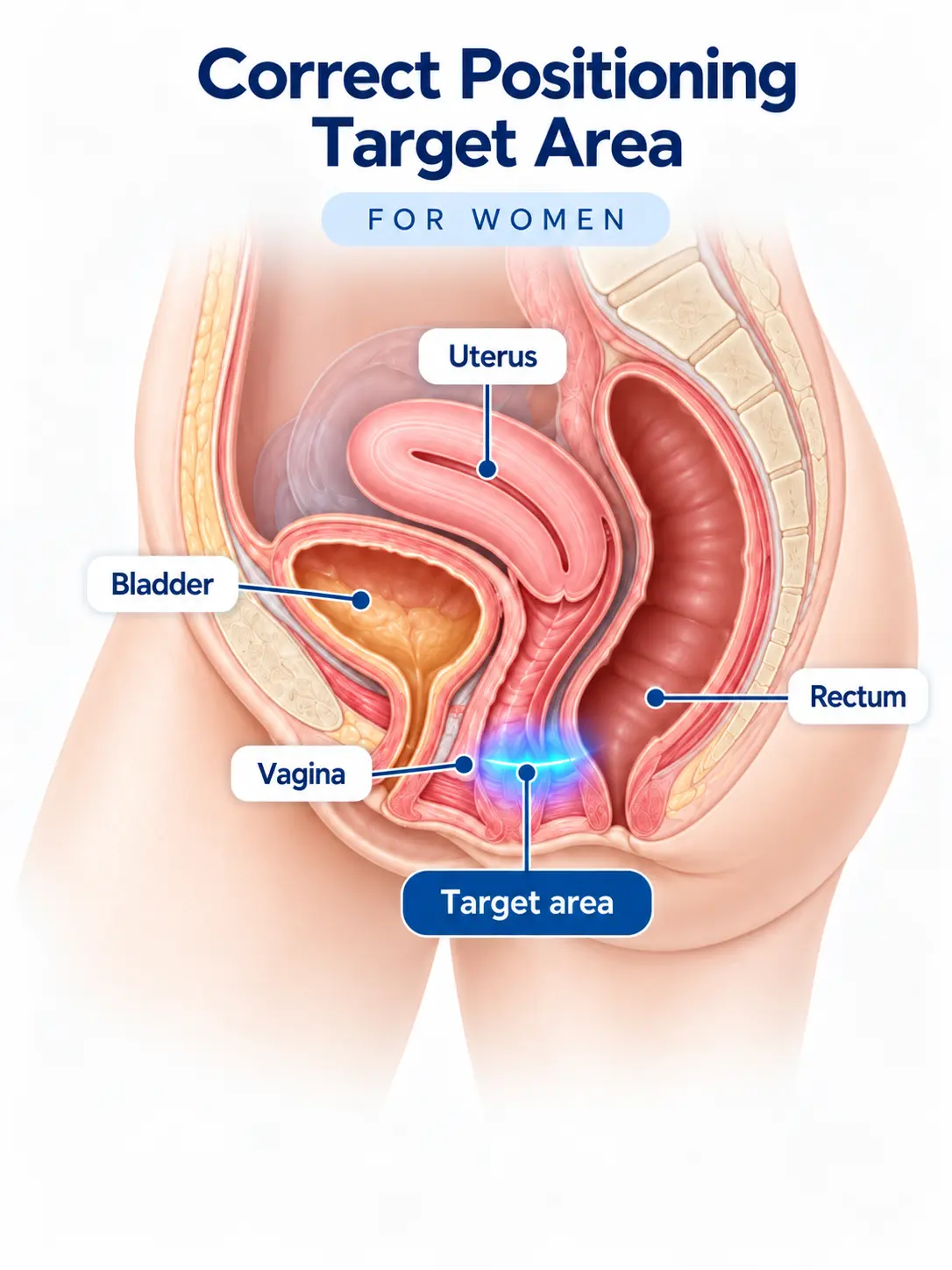 Female pelvic anatomy showing the target area between the vagina and rectum aligned over the chair’s treatment area