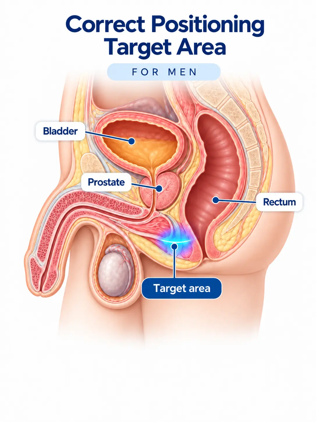 Male pelvic anatomy showing the target area between the scrotum and rectum aligned over the chair’s treatment area