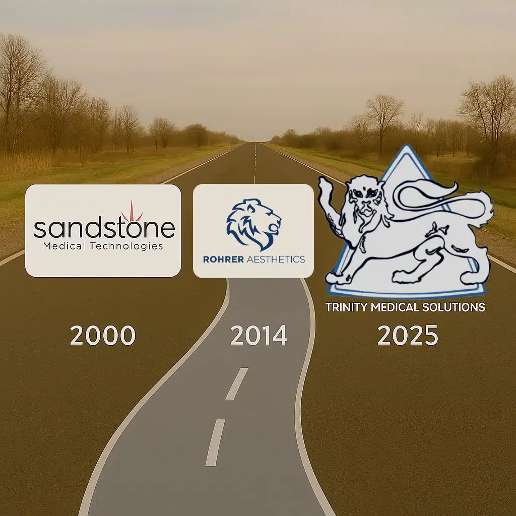 Company timeline from Sandstone Medical Technologies to Rohrer Aesthetics and Trinity Medical Solutions