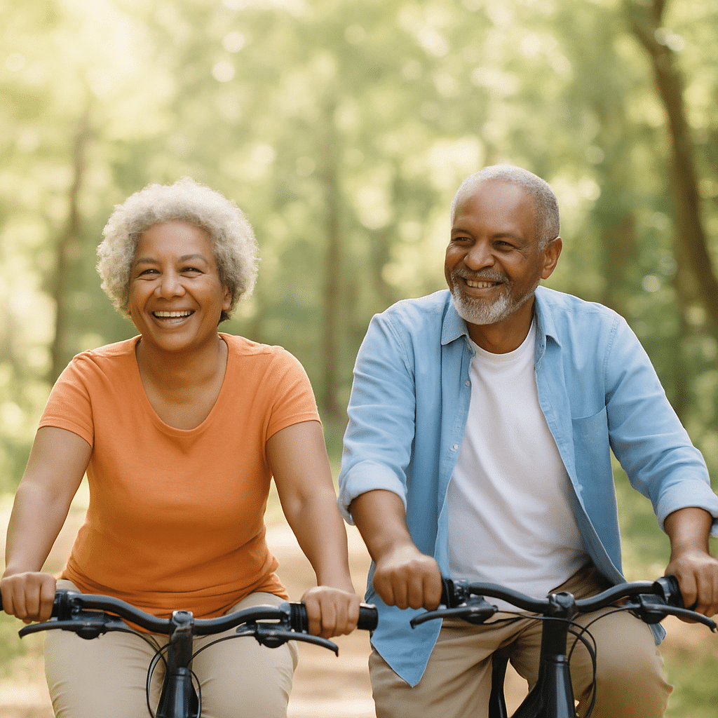 a man and a woman sitting on a bicycle
